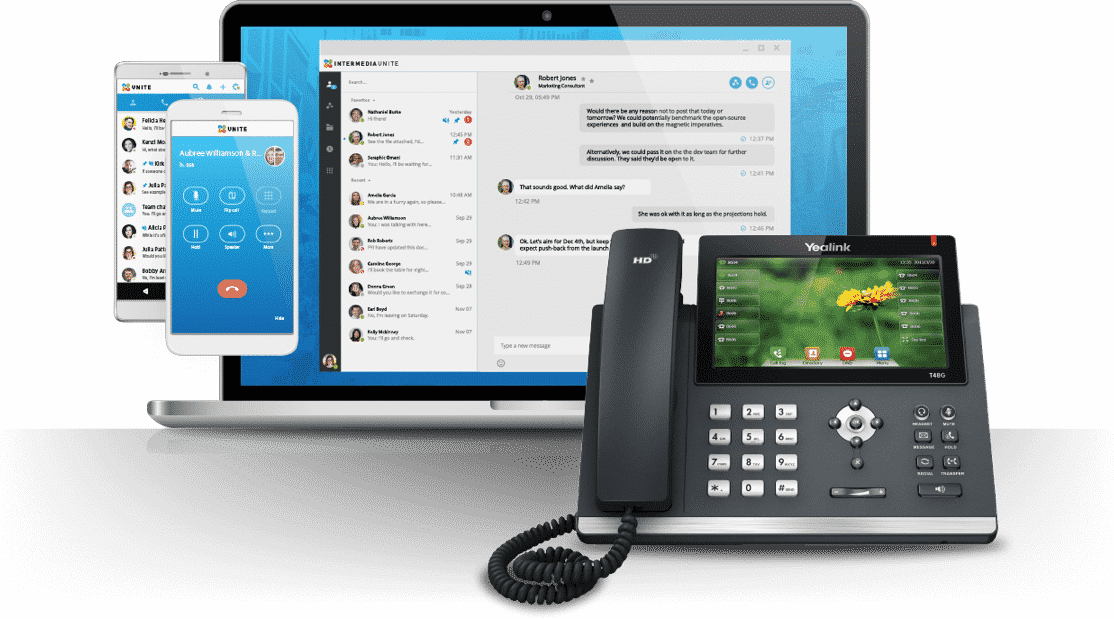 A desktop computer, smartphone, tablet, and office desk phone display unified communication apps and VoIP phone service in New Jersey, illustrating interconnected digital communication tools and advanced VoIP solutions.