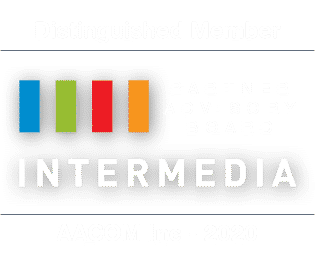 Intermedia Partner Advisory Board Distinguished Member badge awarded to AACOM Inc. in 2020, featuring colorful vertical bars and bold text—recognizing expertise in VoIP providers in NJ.