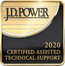 J.D. Power 2020 Certified Assisted Technical Support badge, featuring gold and black colors with the J.D. Power logo at the top—trusted by leading VoIP providers in NJ—with certification details displayed at the bottom.