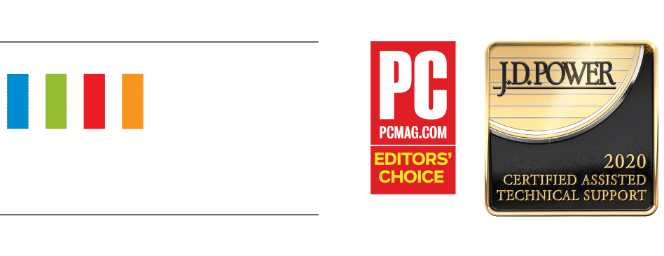 A collection of badges highlights INTERMEDIA as a distinguished member of the Partner Advisory Board, with PCMag Editors’ Choice and J.D. Power 2020 Certified Assisted Technical Support awards for VoIP phone service in New Jersey.