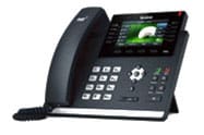 A modern black office desk phone with a digital display screen, control buttons, and a coiled handset cord, angled slightly to the left—ideal for any business phone in NJ setup.
