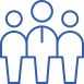 Blue outline icon of three simple human figures standing side by side, with the center figure larger than the two on either side, representing a group or community.