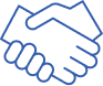 A simple blue line drawing of two hands shaking, symbolizing agreement, partnership, or cooperation.