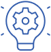 Blue outline of a lightbulb with a gear inside, symbolizing ideas, innovation, or technical solutions. Four small lines surround the bulb, suggesting illumination or inspiration.