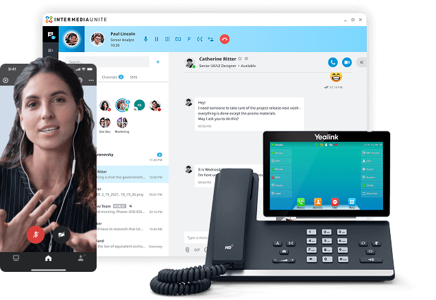 A composite image showing a woman on a smartphone video call, a desktop chat and email interface, and a Yealink office phone, representing unified communication tools.