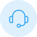 Blue line drawing of a headset with a microphone on a light blue circular background, representing customer support or a call center.