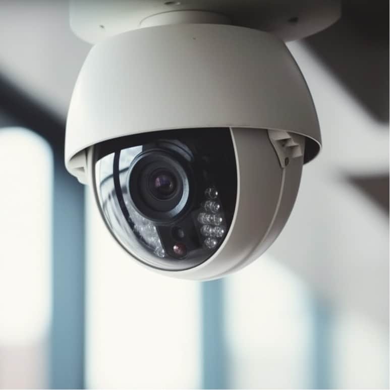 A close-up of a dome-shaped security camera mounted on a ceiling, with windows and natural light blurred in the background.