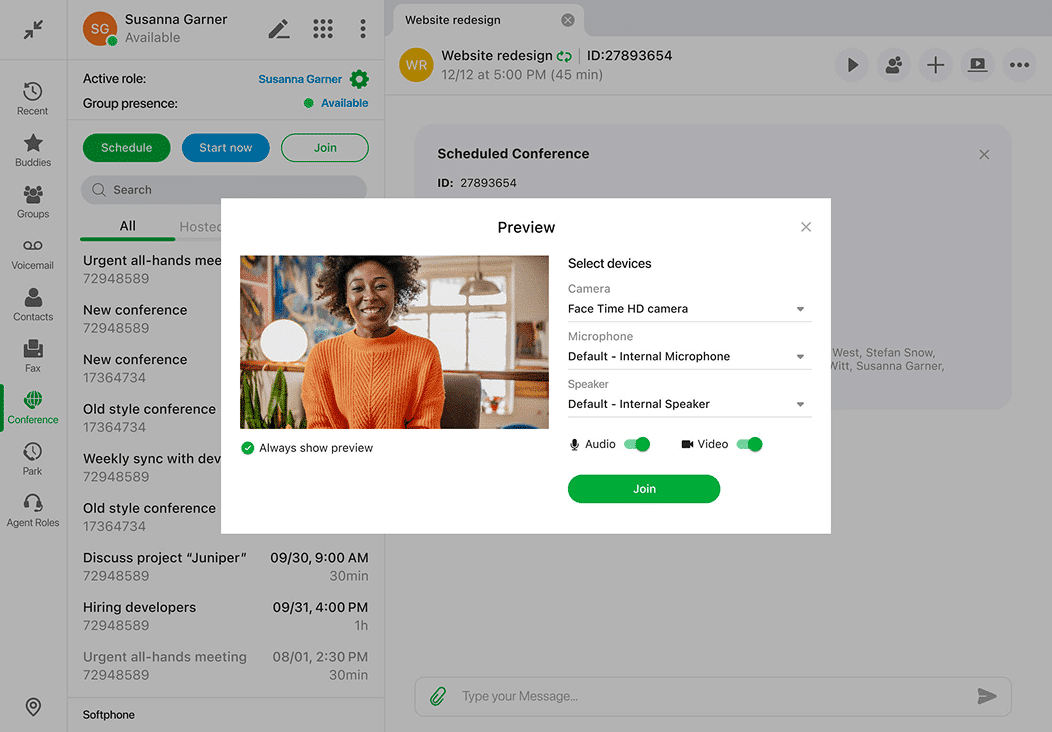 A computer screen shows a video conferencing app with a meeting invite open. A woman wearing an orange sweater smiles warmly in the video preview window, with device selection options and a green "Join" button visible.