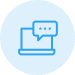Blue icon of a laptop with a speech bubble containing three dots on its screen, set against a light blue circular background.