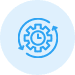 Blue icon of a gear with a clock in the center, surrounded by two circular arrows, on a light blue circular background, representing efficiency or time management.