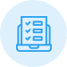 Blue icon showing a checklist with three checkmarks on a clipboard, placed in front of an open laptop, all on a light blue circular background.
