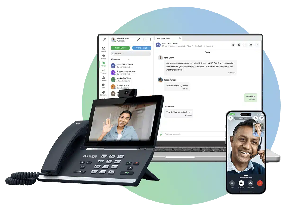 A desk phone with a video call screen, a smartphone showing a video call, and a laptop displaying a chat conversation, illustrating various digital communication tools.