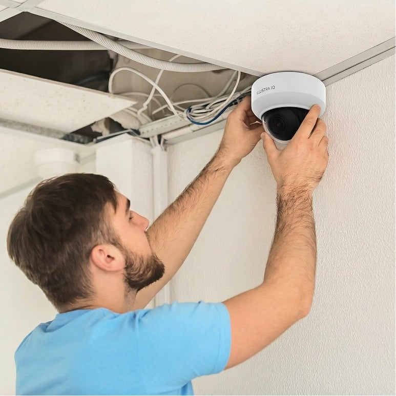 A man in a blue shirt installs a dome security camera on a ceiling, with exposed wires and an open ceiling panel visible above him.