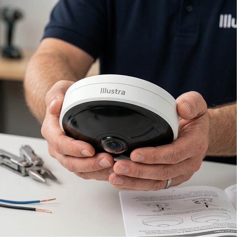 A person holds a round security camera labeled "Illustra" above a table with installation tools, wires, and an instruction manual.