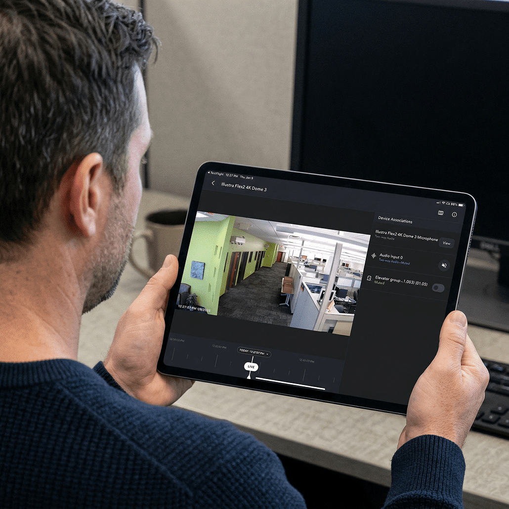 A man sits at a desk holding a tablet, which displays a live video feed of an office with cubicles, green walls, and several workstations. A computer monitor is visible in the background.