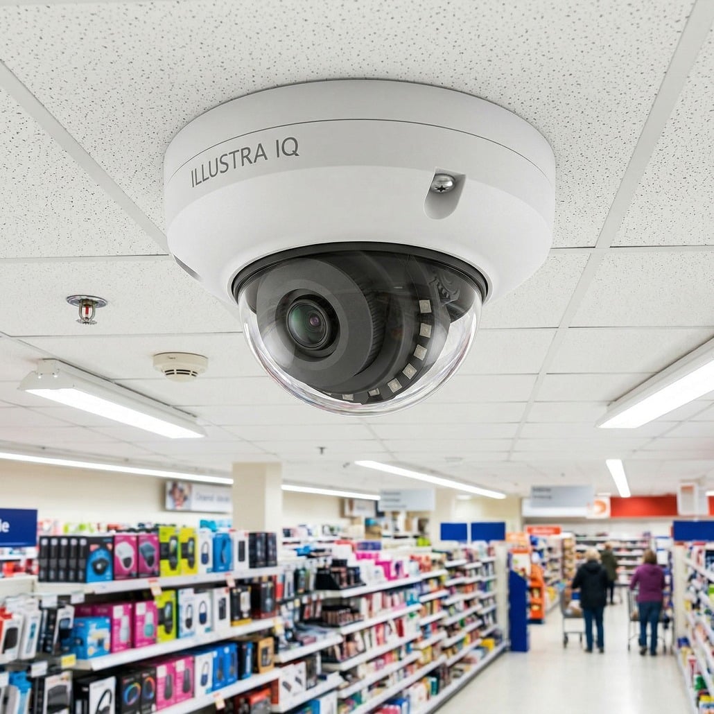 A dome security camera is mounted on the ceiling of a brightly lit electronics store, with shelves filled with products and a few shoppers visible in the background.