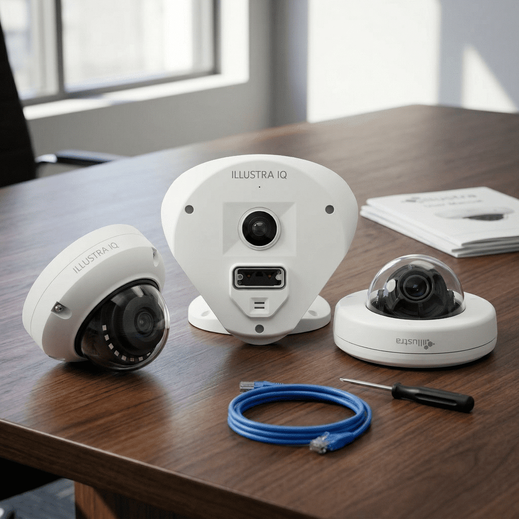 Three white security cameras, a screwdriver, and a blue Ethernet cable are displayed on a wooden table. There is a window and a stack of booklets in the background. The cameras are labeled “ILLUSTRA IQ.”.
