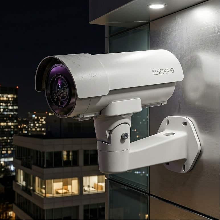 A white security camera labeled "Illustra IQ" is mounted on the exterior of a building at night, overlooking a cityscape with illuminated windows in the background.