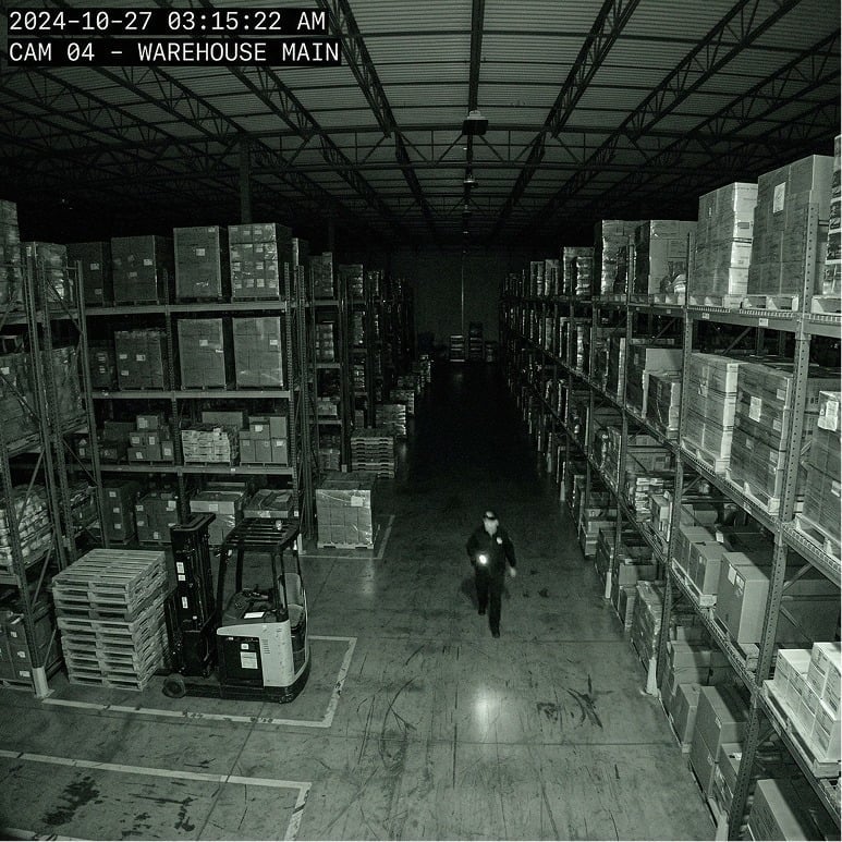 Surveillance camera footage of a warehouse at night, showing tall shelves stacked with boxes and a person wearing dark clothing and a mask walking down the central aisle with a flashlight.