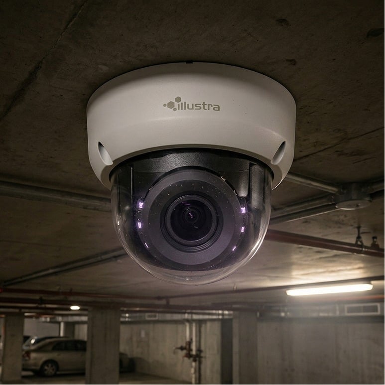 A dome security camera labeled "Illustra" is mounted on the ceiling of a dimly lit parking garage, with concrete pillars and parked cars visible in the background.