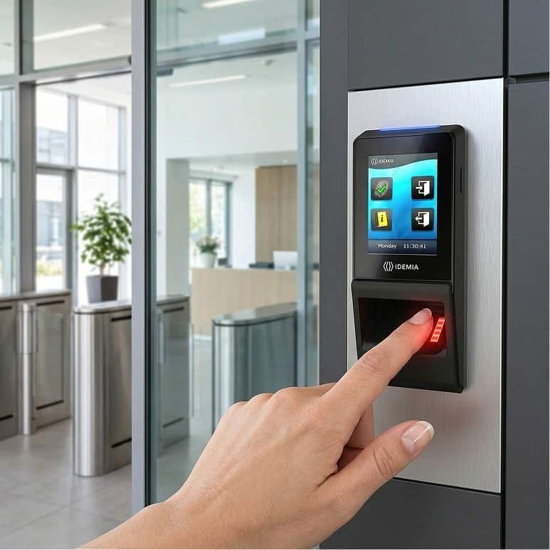 A person presses their finger on a biometric fingerprint scanner at the entrance of a modern office building, with a digital screen displaying access options.