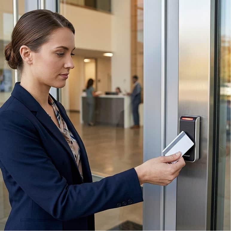 A woman in business attire holds an access card against a card reader to unlock a glass door in an office building lobby.