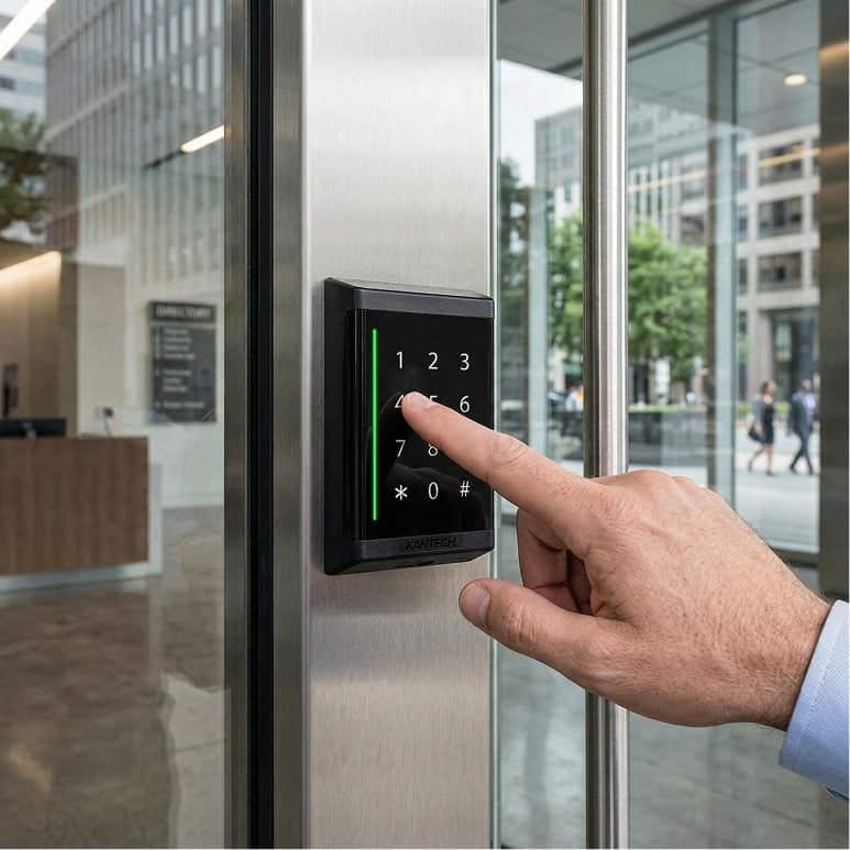 A person presses a button on a digital keypad access control system mounted next to a glass door in a modern office building lobby.