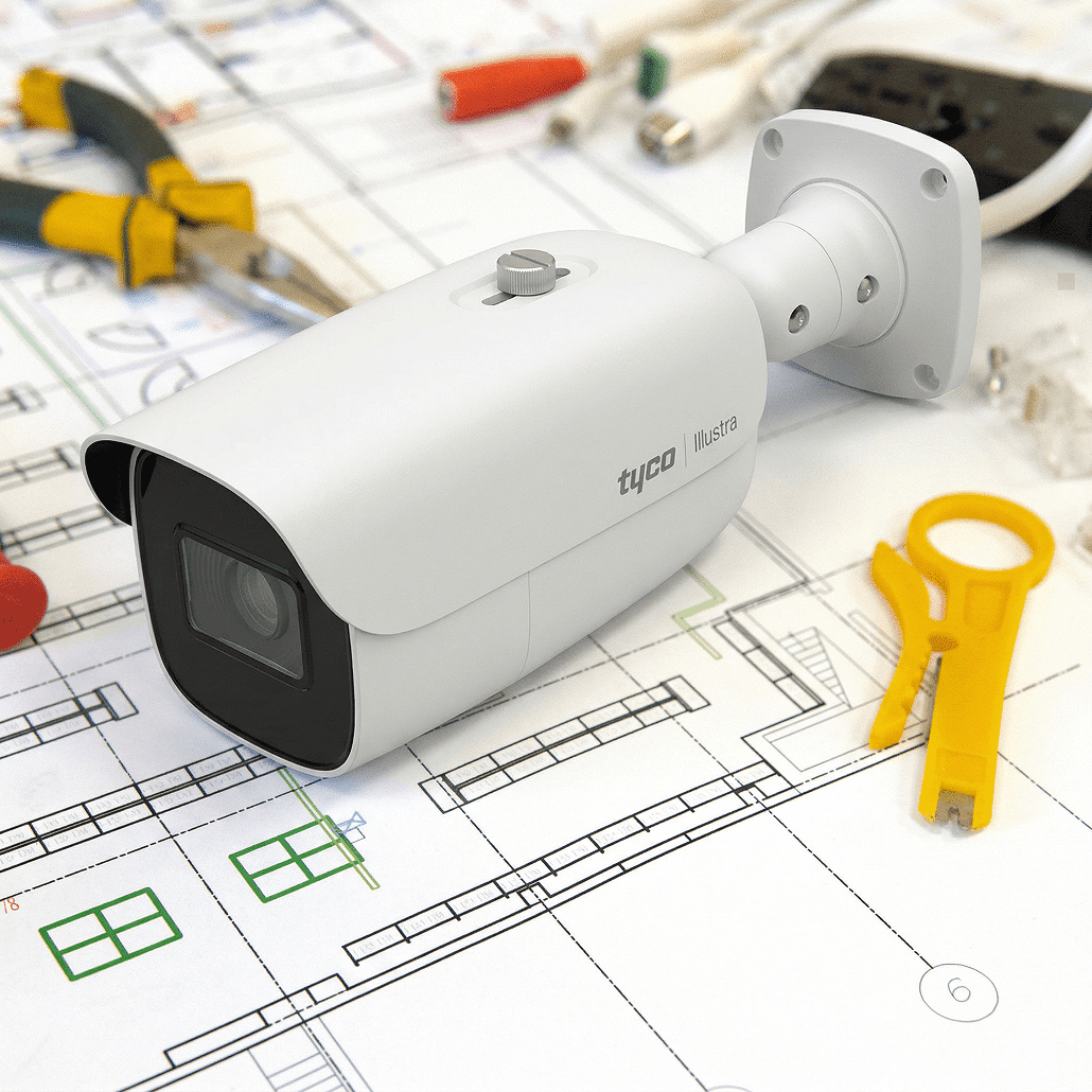 A white Tyco Illustra security camera rests on architectural blueprints, surrounded by tools including pliers and a yellow security key.