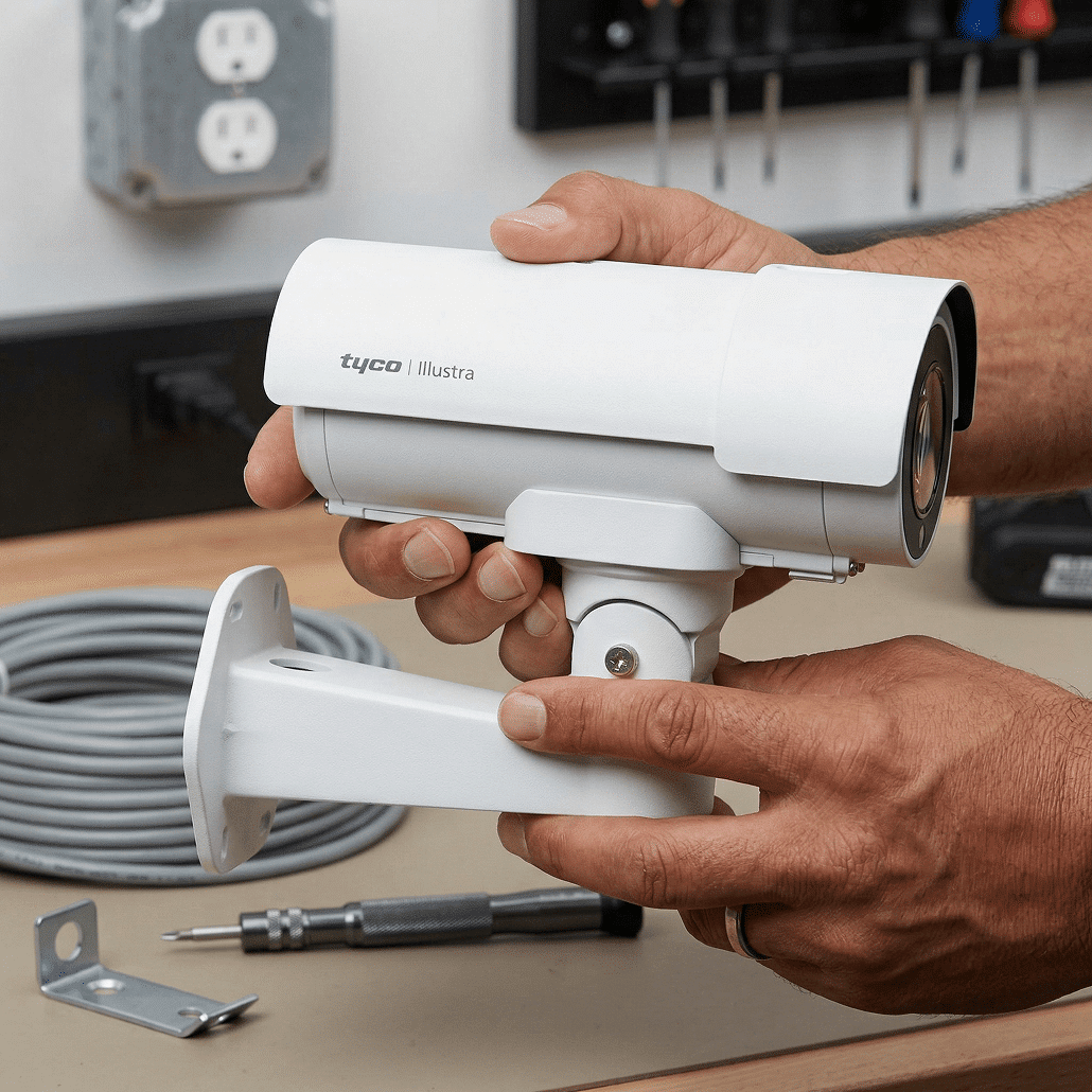 A person is holding a white security camera labeled "Tyco Illustra" while assembling it on a table with installation tools, a metal mounting bracket, and a coiled cable nearby.
